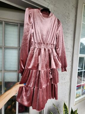 Shein Velvet Tiered Long-Sleeve Dress - Dusty Rose